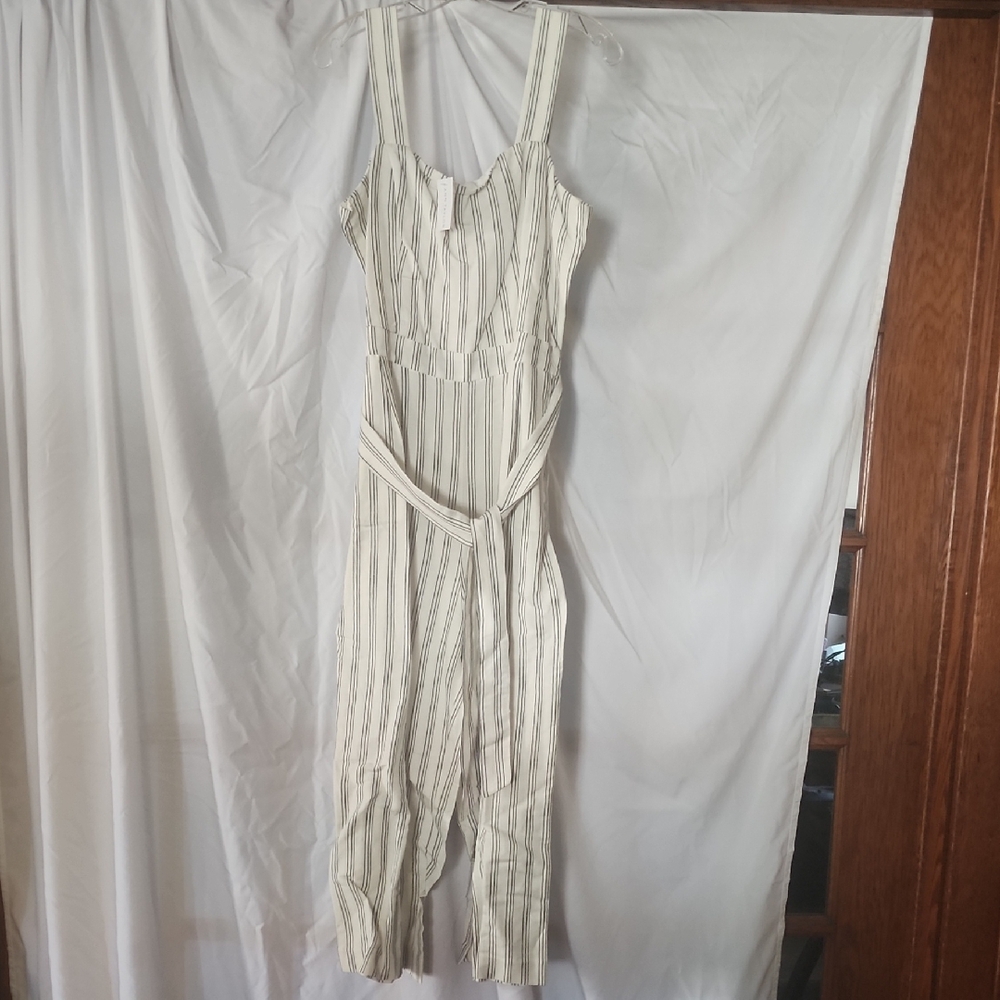Ann Taylor Cream Striped Jumpsuit